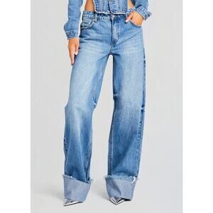 SER.O.YA Margot Cuffed Boyfriend Jeans Size 29 River Blue Ultra Wide Leg Long